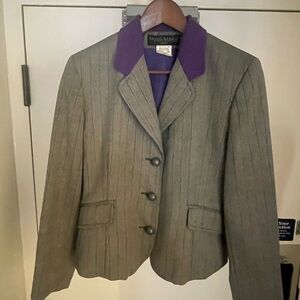 Harve Benard Women's Gray Pinstripe wool Blazer with Purple Collar